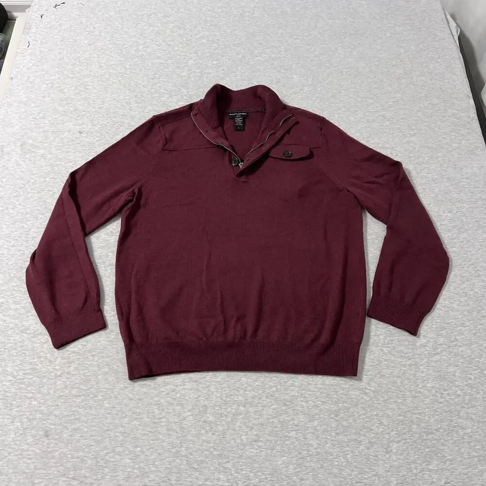 Banana Republic Sweater Mens Large Maroon Merino Wool Quarter‎ Zip Mock Neck